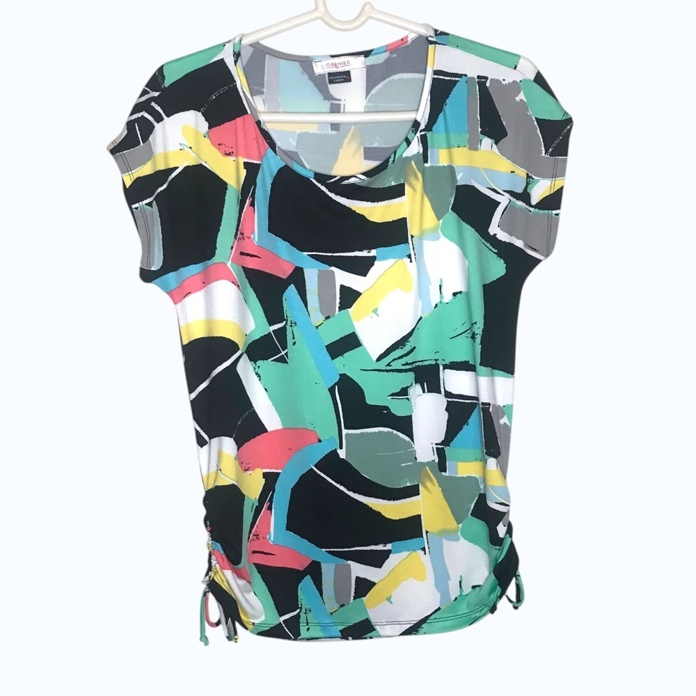 Grenier Abstract Print Top Ruched Side Stretch Blouse Women M
